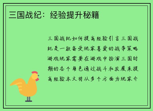 三国战纪：经验提升秘籍