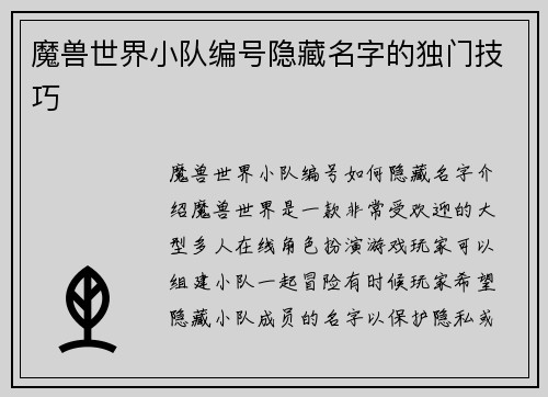魔兽世界小队编号隐藏名字的独门技巧